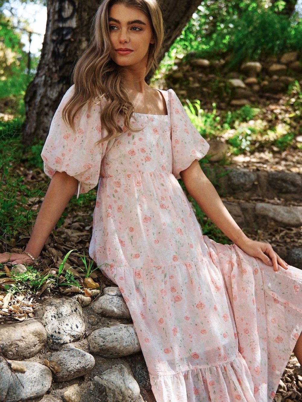 Women's Pink Floral Puff-Sleeve Maxi Dress